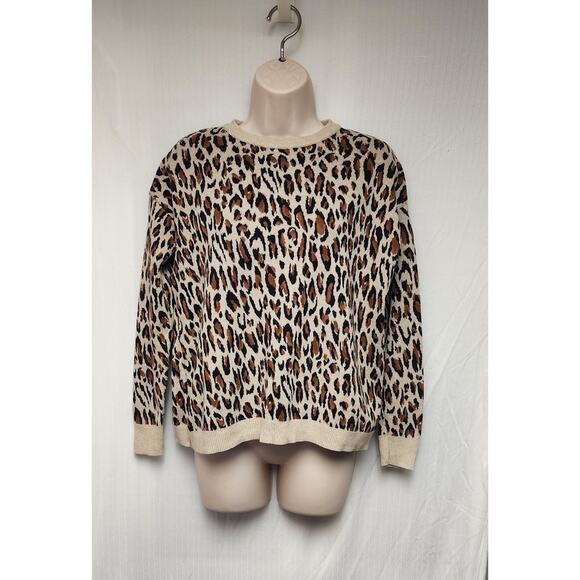 H&M Leopard Animal Print Round Neck Long Sleeve Brown Knit Sweater Size Small - Picture 2 of 8